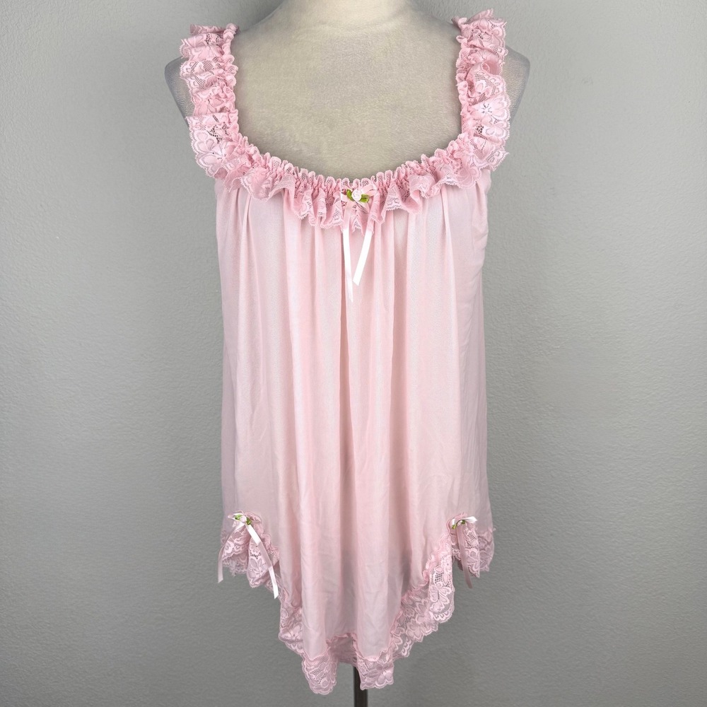 Retro Stage Pink Lace Ruffle Mesh Babydoll Nightgown Sheer Lingerie Size Small